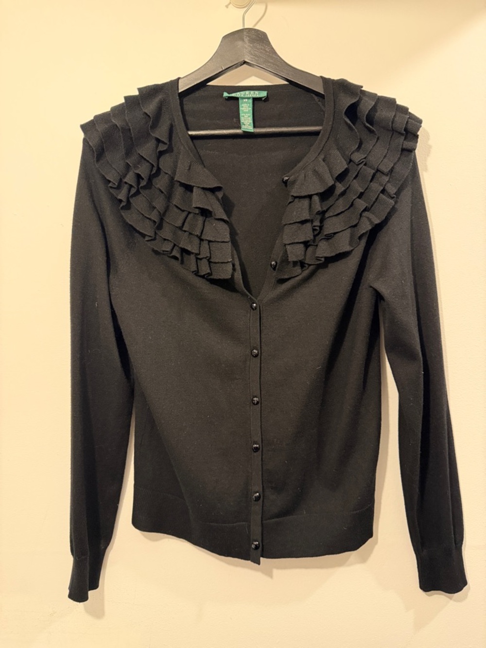 Ralph Lauren Silk Black Ruffle Collar Button-Up Cardigan